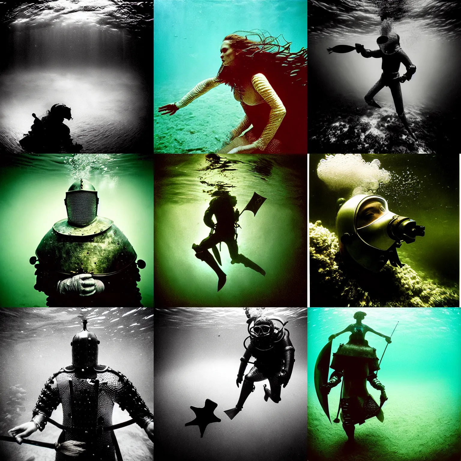 Image similar to Underwater photo of a beautiful medieval knight by Trent Parke, close up, clean, detailed, Magnum photos