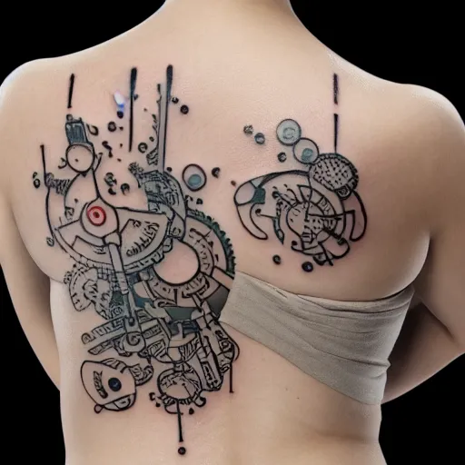 Image similar to sp - 4 0 4 audio mixer in the style of tattoo along female lower back