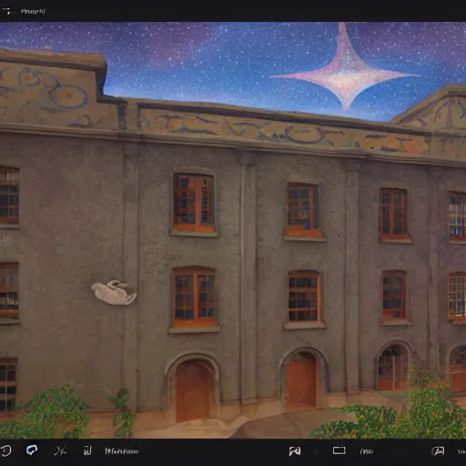 Image similar to fresco on a building, with dragon and falling stars, dark faded colors, in style of henri rousseau, highly detailed, unreal engine, photorealism