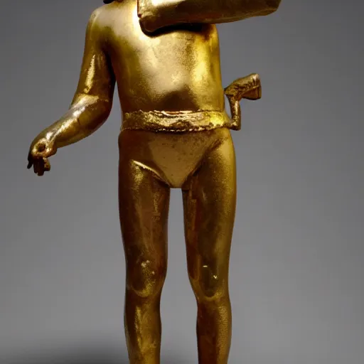 Image similar to Babylonia statue with head covered of gold, chest covered of silver, stomach and thighs covered in bronze, legs and feet covered in iron and clay, award winning photography