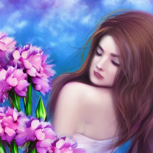 Image similar to a picture of a dreaming woman with flowers roses peonies forget-me-nots dahlias lupins gladioli grow out of hair, sky theme in background, Digital Art, Trending on artstation