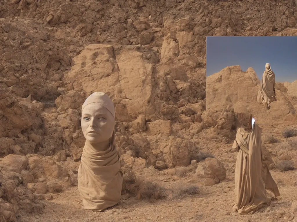 Prompt: levitating bene gesserit rock statue with full - face golden mask in a dry rocky desert landscape, visible sky and sunny atmosphere, fata morgana and giant square mirrors by alejandro jodorowsky, anamorphic lens, kodakchrome, practical effects, masterpiece, 8 k