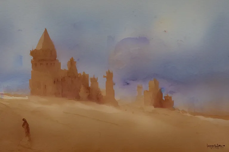 Prompt: small centered on watercolor paper, paint brush strokes, abstract watercolor painting of foggy dawn, ancient arabian rural sand castle, cinematic light, national romanticism by hans dahl, by jesper ejsing, by anders zorn, by greg rutkowski, by greg manchess, by tyler edlin