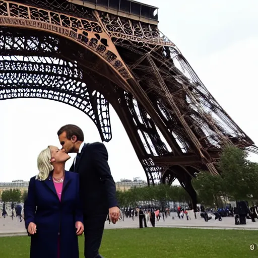 Image similar to marine le pen and Emmanuel macron kissing under the eiffel tower