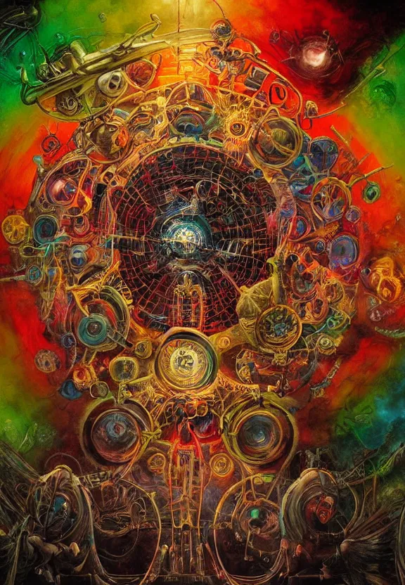 Image similar to colorful medical equipment, cameras, radiating, blood mandala, portal, minimalist environment, by ryan stegman and hr giger and esao andrews and maria sibylla merian eugene delacroix, gustave dore, thomas moran, the movie the thing, pop art, biopunk, i'm the style of piet bill sienkiewicz