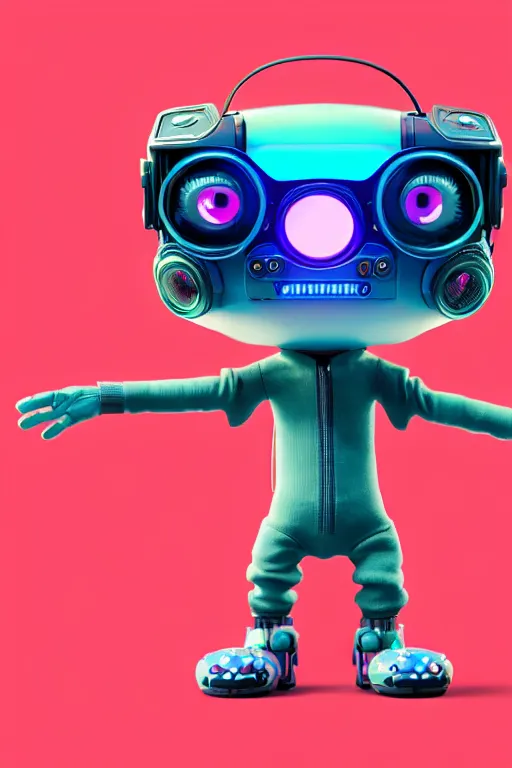 Prompt: a tiny cute cyberpunk monster with VR glasses and wires and big eyes smiling and waving, back view, isometric 3d, ultra hd, character design by Mark Ryden and Pixar and Hayao Miyazaki, unreal 5, DAZ, hyperrealistic, octane render, cosplay, RPG portrait, dynamic lighting, intricate detail, summer vibrancy, cinematic
