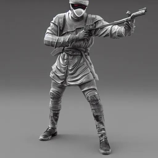 Prompt: focused 3 d rendering of marble and chrome statue of ninja wearing full face mask and hunter hat, no pose, combat suit, technological, octane render