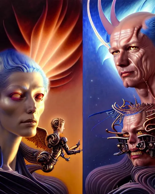 Image similar to a portrait of gemini angel and devil fantasy character portrait facing each other, ultra realistic, wide angle, intricate details, the fifth element artifacts, highly detailed by peter mohrbacher, hajime sorayama, wayne barlowe, boris vallejo, aaron horkey, gaston bussiere, craig mullins