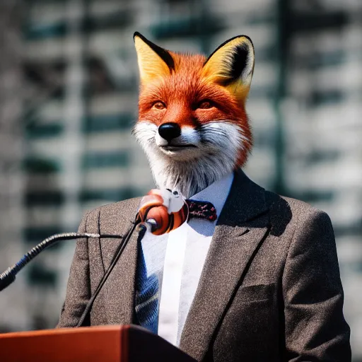 Image similar to a fox animal dressed in a suit giving a presidential speech, 8 5 mm f / 1. 4