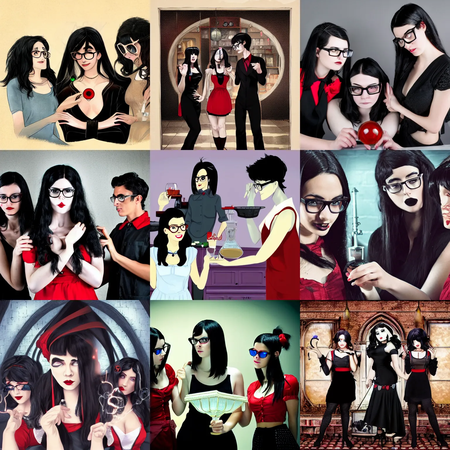 Prompt: Three friends working in a magic laboratory, one of the friends is a young man with black hair and glasses, the second friend is a beautiful young woman with brunette hair, the third friend is a cute goth girl with red and black hair, wide angle photography, highly detailed and intricate, rule of thirds, color theory, magic laboratory setting, soft lighting, realistic photograph