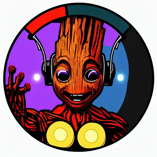 Image similar to svg sticker of a Pop-Wonder Groot-Marvel-Avenger at a rave, spinning records, giant headphones rocking out, wearing headphones, huge speakers, dancing, rave, DJ, spinning records, digital art, amazing composition, rule-of-thirds, award-winning, trending on artstation, featured on deviantart