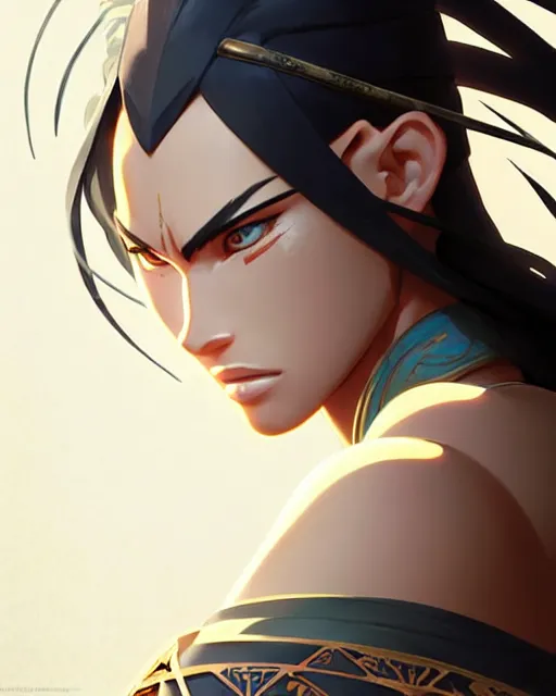 Image similar to azctec warrior, megan fox, detailed perfect face, exquisite details, fire magic, mid view, design on a white background, by studio muti, greg rutkowski makoto shinkai takashi takeuchi studio ghibli