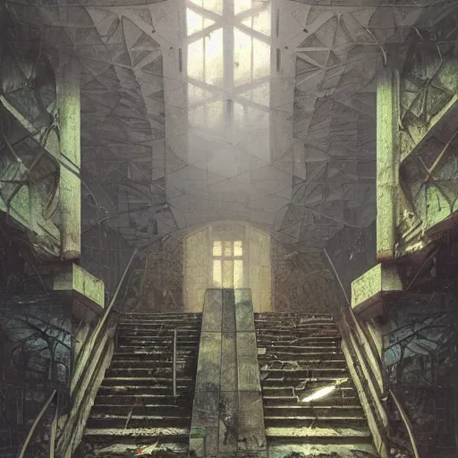 Image similar to i climb up on the endless stairs inside this decayed hitech brutalist building, rays of lights breaking through the holes in the walls, ruined litter, monumental, global illumination, by rhads and ferdinand knab and makoto shinkai and alphonse mucha