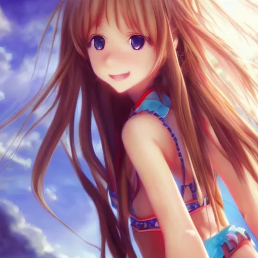 Image similar to a cute little yuuki asuna playing guitar, full body, long wavy blond hair, sky blue eyes, full round face,, bikini, miniskirt, front view, mid - shot, highly detailed, cinematic wallpaper by stanley artgerm lau