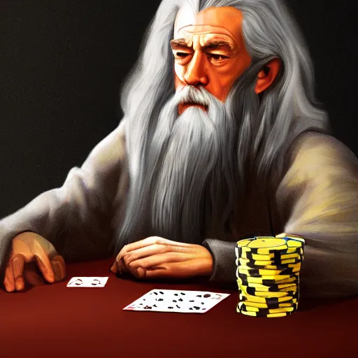 Image similar to gandalf playing poker, casino, highly detailed, digital art