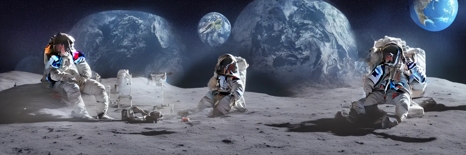 Image similar to A highly photographic render of astronaut on the Moon, sitting on a lawn chair reading a book facing planet Earth, rim lighting, cinematic lighting, octane engine, photo realistic image, 4K, super detailed, cinematic look