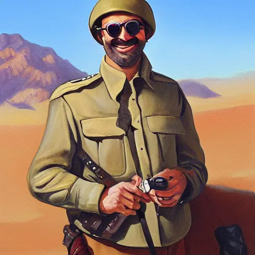 Prompt: a painting of an israeli solidier with sunglasses, a field cap, and a ascot around his neck laughing in the desert high details