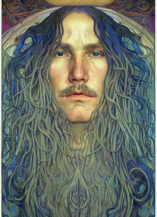 Image similar to detailed realistic beautiful young karl gustav jung face portrait by jean delville, alphonse mucha, vincent van gogh, and marco mazzoni, art nouveau, symbolist, visionary, gothic, pre - raphaelite