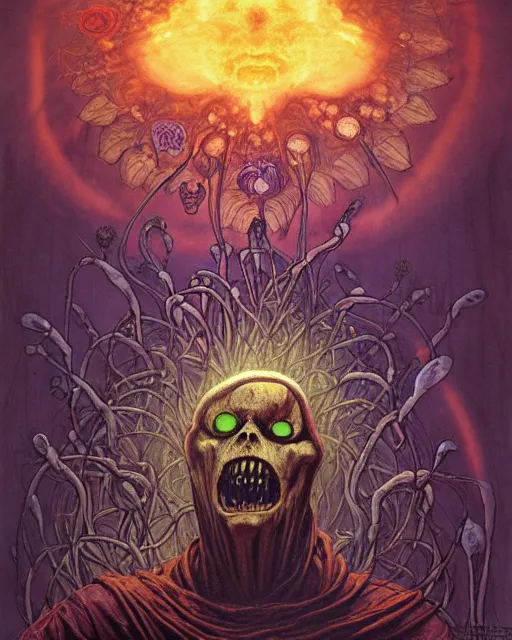 Image similar to the platonic ideal of flowers, rotting, insects and praying of cletus kasady carnage thanos davinci dementor wild hunt chtulu mandala ponyo doctor manhattan bioshock, fantasy, ego death, decay, dmt, psilocybin, concept art by randy vargas and greg rutkowski and zdzisław beksinski