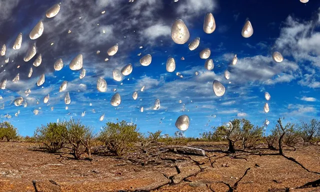 Image similar to panorama of big raindrops flying upwards into the perfect cloudless blue sky from a dried up river in a desolate land, dead trees, blue sky, hot and sunny highly-detailed, elegant, dramatic lighting, artstation, 4k, cinematic landscape, photograph by National Geographic