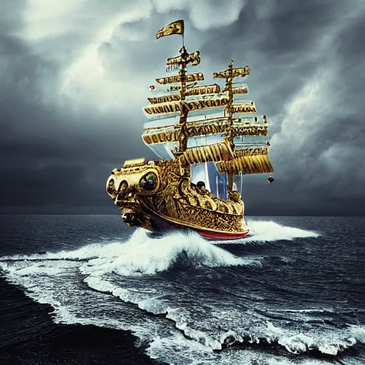 Image similar to Extremely detailed photo-realistic Beautiful Pirate Golden Galleon encrusted with gold and gems flying the JollyRoger flag, by erik johansson in a stormy sea