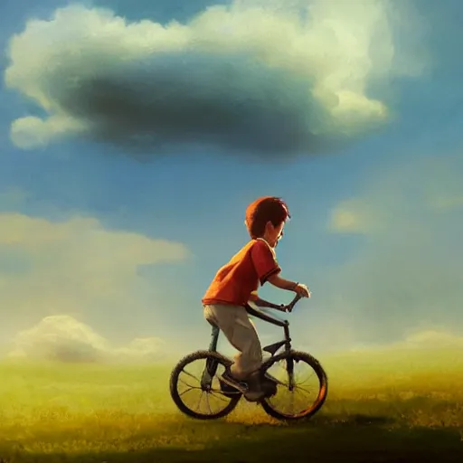 Image similar to A whimsical painting of a boy riding a bicycle flying in the sky through the clouds, painting by Craig Mullins, octane rendering, soft morning lighting, wide angle lens, in the style of Hayao Miyazaki, trending on artstation,