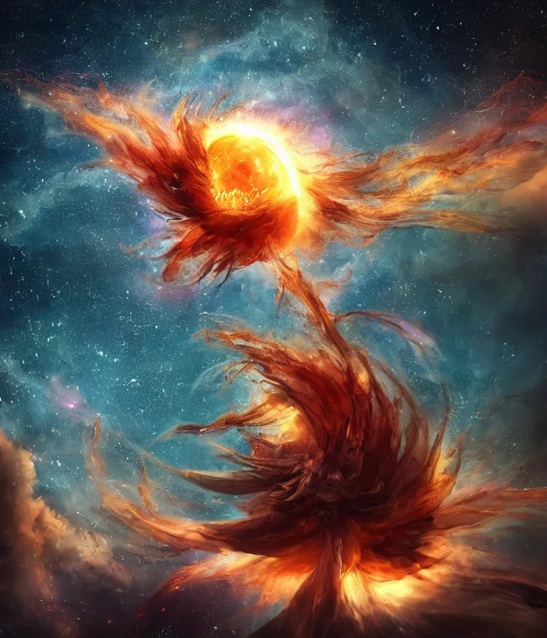 Prompt: impressive ominous cinematic fine photo of a spiraling exploding sun launching flowers across the starry night sky, strange bouquets, lighting impressive masterpiece hyper ultra detailed intricate sharp focus 8 k realistic illustration canon eos r 3 fujifilm x - t 3 0 sony alpha, artgerm colorful!!!, trending on artstation behance cgsociety, octane render nvidia raytracing demo