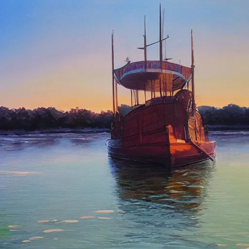 Image similar to 1 9 th century river boat in the deep south, evening sun, intense lighting, hyper realistic, gouache