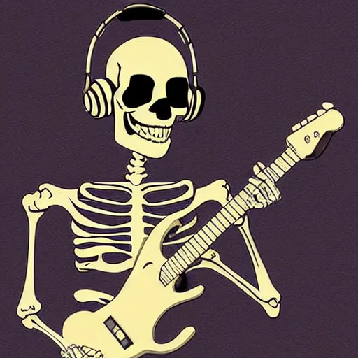 Image similar to skeleton wearing headphones watching girl playing guitar with her black cat standing next to her, digital art