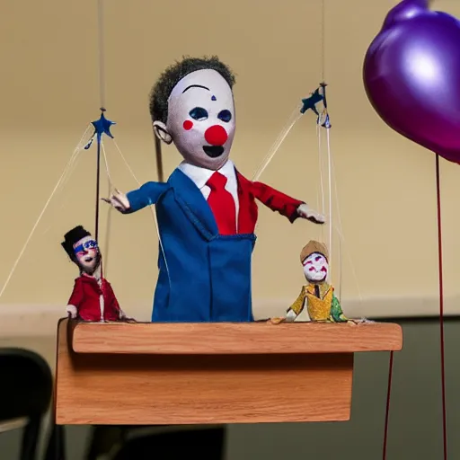 Image similar to puppet show of a string marionette of a president with clown makeup in a podium