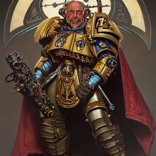 Prompt: full portrait of warhammer 4 0 k mike meyers, fantasy, d & d, intricate, detailed, by by alphonse mucha, adolfo hohenstein, alice russell glenny, stanley artgerm lau, greg rutkowski, detailed, trending on artstation, trending on artstation, smooth