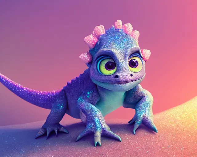 Image similar to a cute baby dinosaur, big eyes, soft fur and scales texture, pastel colours, colorful, glitter crystals, cute, pixar animation style, detailed, soft light, octane render, 4 k