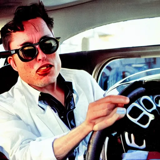 Prompt: gonzo reporter retro photo of drunked elon musk driving bus, fear and loathing in las vegas style, by hunter thompson