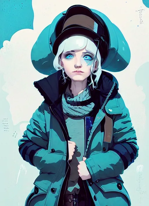 Prompt: highly detailed portrait of a sewer punk lady student, blue eyes, puffy jacket, white hair by atey ghailan, by greg rutkowski, by greg tocchini, by james gilleard, by joe fenton, by kaethe butcher, gradient blue, black, brown and cyan color scheme, grunge aesthetic!!! ( ( graffiti tag wall background ) )