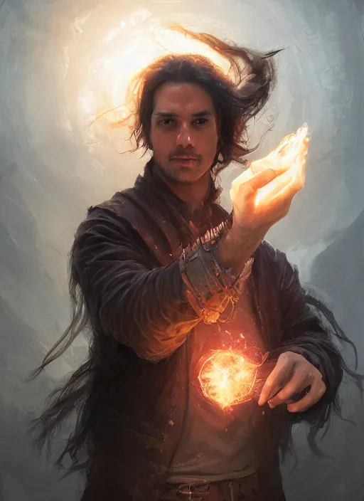 Prompt: portrait of a man with long black hair in brown rags holding a glowing device, fantasy, d & d, heartstone, digital painting, volumetric light, intricate, sharp, focus, bloom, illustration, highly detailed, concept art, matte, ruan jia, randy vargas, greg rutkowski