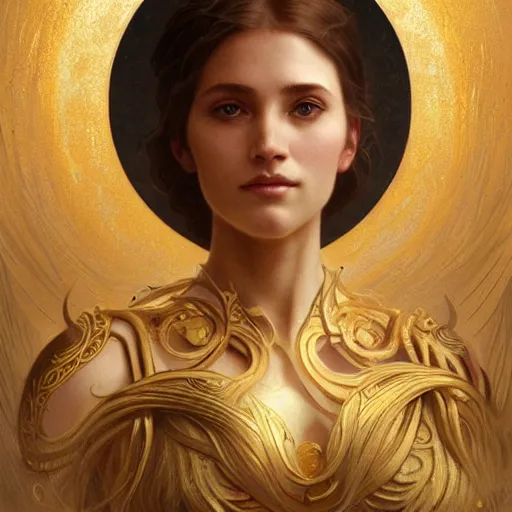 Image similar to portrait of a norse moon goddess, with golden half - mask, intricate, elegant, highly detailed, digital painting, artstation, concept art, smooth, sharp focus, illustration, art by artgerm and greg rutkowski and alphonse mucha and william - adolphe bouguereau