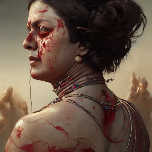 Prompt: portrait painting of a muscular bloodied indian middle aged woman lower back, ultra realistic, concept art, intricate details, eerie, horror, highly detailed, photorealistic, octane render, 8 k, unreal engine. art by artgerm and greg rutkowski and alphonse mucha