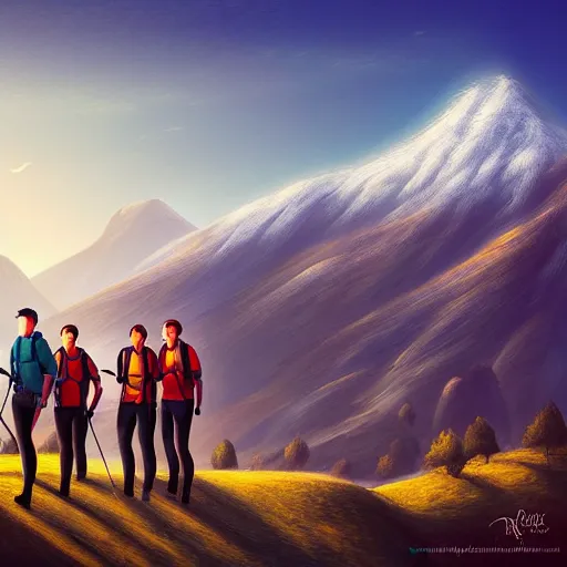 Prompt: of team in Armenia hiking at a weekend and posing with mountains on the background, the word Willow is in view like one in Hollywood, elegant, highly detailed, digital painting, volumetric light, artstation, concept art, smooth, sharp focus, illustration