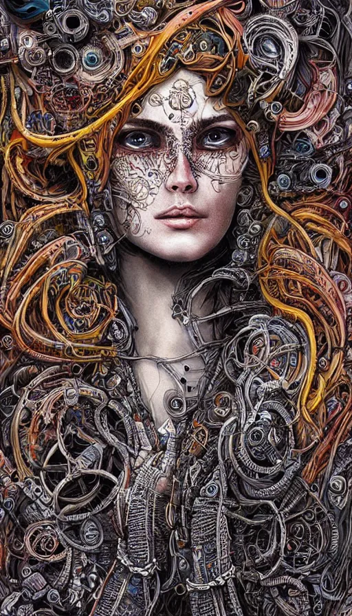 Image similar to beautifully stunning stonepunk woman_integrating_with_technology_full_face_insipiring_detailed_intricate_ornate_cables_connected_to_head_big_open_electric_eyes_ the_singulairty is now by android jones