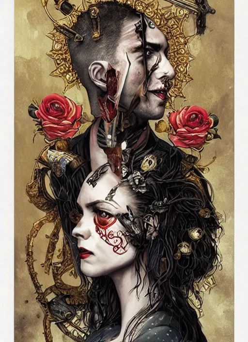 Image similar to tarot card :: horror :: vampires and draculas :: hearts and roses :: gold and silver :: guns and swords :: side profile :: highly details :: intricate details :: Sandra Chevrier and bastien lecouffe deharme