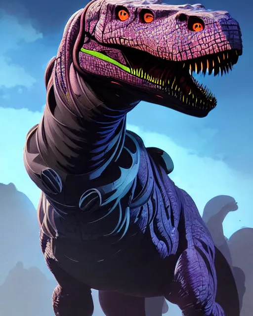 Image similar to trex as an apex legends character digital illustration portrait design by, wayne barlowe detailed, gorgeous lighting, wide angle action dynamic portrait