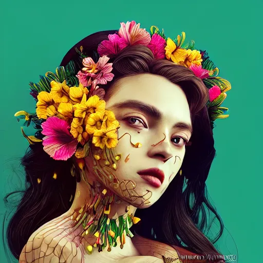 Prompt: the portrait of an absurdly beautiful, graceful, elegant young latina woman made of bananas and petals looking up, an ultrafine detailed illustration by kim jung gi, irakli nadar, intricate linework, bright colors, octopath traveler, final fantasy, angular, unreal engine 5 highly rendered, global illumination, radiant light, detailed and intricate environment