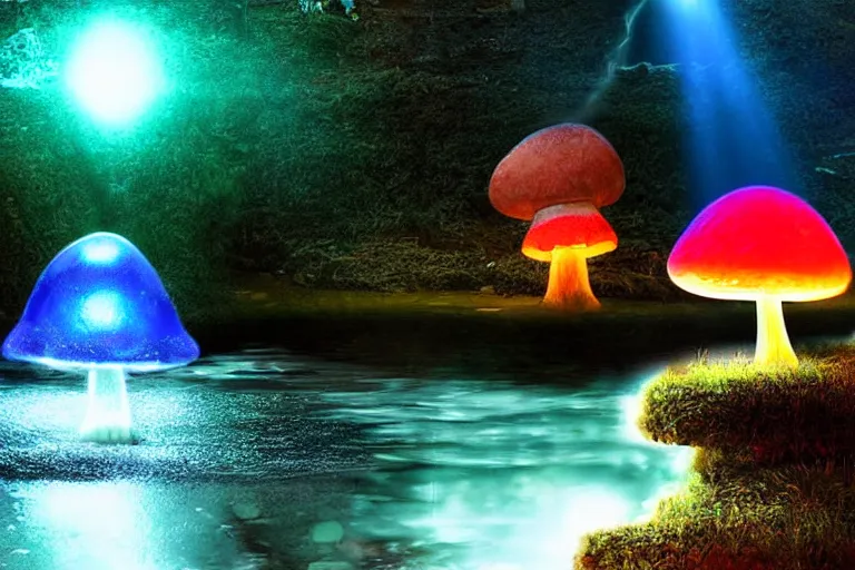 Image similar to giant glowing mushrooms next to a small bridge, flowing water, digital art, glowing crystal monolith in background, blue lighting, acrylic,