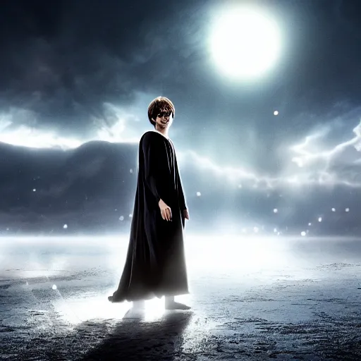 Prompt: Harry potter standing and holding a short wand, magic aura, side view, thunderclouds, cinematic shot, wide shot, epic scale, waving robe movement, photorealistic detail and quality, intricate ground stone, magical sigils, floating particle effects, movie still, nighttime, crescent moon, sharp and clear, action shot, intense scene, visually coherent, symmetry, rule of thirds, movement, photorealistic colors, cool colors transitioning to warm colors, modest tone, award winning, directed by Steven Spielberg, Christopher Nolan, Tooth Wu, Asher Duran, artstation