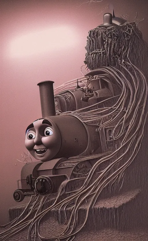 Image similar to thomas the tank engine in style of zdzisław beksinski, extremely dramatic lighting, 8 k, tendrils, black, darkness, black slime tendrils, infected, rust, body horror, thomas the train, thomas the tank engine face, horror,