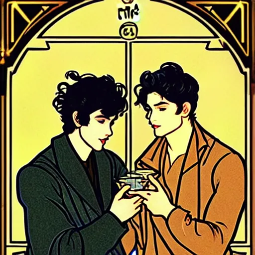 Image similar to tarot card of young cute handsome beautiful dark medium wavy hair man in his 2 0 s named shadow taehyung and cute handsome beautiful min - jun together at the halloween party, bubbling cauldron, candles, smoke, autumn colors, elegant, stylized, soft facial features, delicate facial features, art by alphonse mucha, vincent van gogh, egon schiele