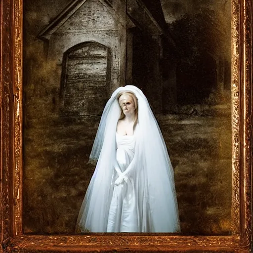 Image similar to picture of ghostly bride in front of an old wooden white church, 1 9 th century southern gothic scene, made by chausheva, katia