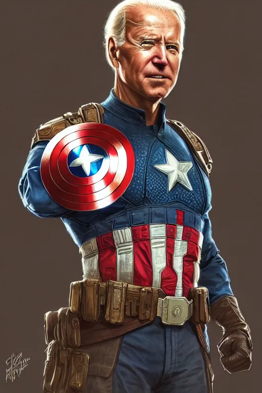 Image similar to Joe Biden as Captain America, western, D&D, fantasy, intricate, elegant, highly detailed, digital painting, artstation, concept art, matte, sharp focus, illustration, art by Artgerm and Greg Rutkowski and Alphonse Mucha