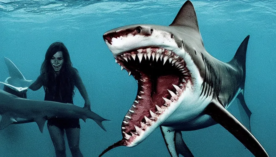 Image similar to big budget horror movie about a white pointer shark eating swimmers