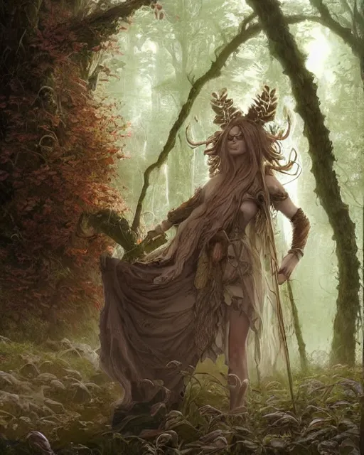 Image similar to patrick rothfuss as a forest druid with ram horns and leaves in his beard, dreamy and ethereal, fantasy, intricate, elegant, highly detailed, digital painting, artstation, concept art, smooth, sharp focus, illustration, art by artgerm and greg rutkowski and donato giancola